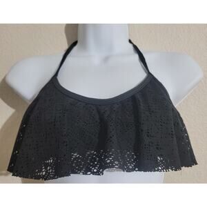Hot Water Black Crochet Fabric Over Bodice Bikini Top Small Tie Neck Hook Back
